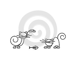 Cat Print. Funny kittens playing with a fish. Minimalist Art