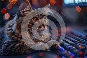 Cat programmer sits at the computer. Generative AI