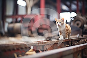 cat prowling around rusty barn machinery