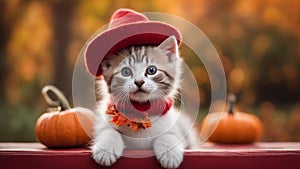 cat and pumpkin An adorable kitten with a playful demeanor, sitting on a red fence surrounded by greenery,