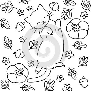 cat with pumpkins, leaves, flowers and acorns funny holiday black and white vector illustration for coloring art