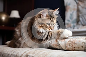 cat, purring and kneading its paws on fluffy pillow