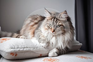 cat, purring and kneading its paws on fluffy pillow