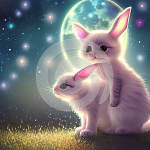 A cat and a rabbit hug each other. Moon and stars in the background. Generative AI