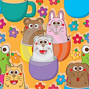 Cat rabbit mouse dog bear frog cup flower group seamless pattern