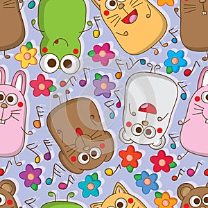 Cat rabbit mouse dog bear frog flower music note rotate seamless pattern