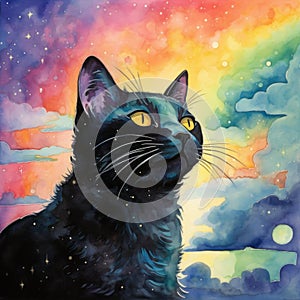 Cat in the rainbow sky, watercolor