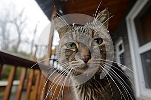 cat with rainwet whiskers on a covered porch