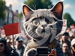 Cat at a rally with an empty sign. AI created. photo