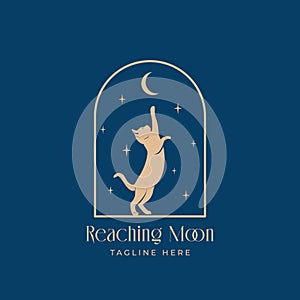 Cat reaching for the moon abstract vector logo template. Cat silhouette on the night arch window with moon and stars in