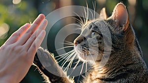 A cat reaching out to a person's hand with its paw, AI