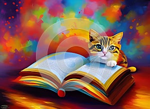 Cat reading a book