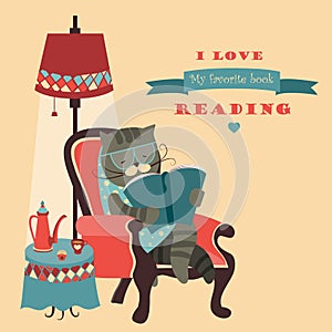 Cat reading book sitting in a chair