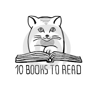 Cat reading a book. Vector illustration. Ten books to read. Ink drawing and lettering