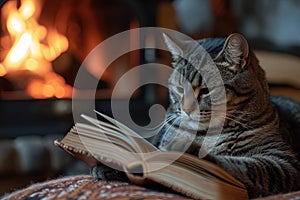 Cat Reading by the Fireplace: Picture a sophisticated cat curled up by the fireplace Generative AI