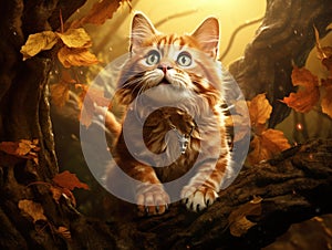 Ai Generated illustration Wildlife Concept of Cat ready to jump from tree