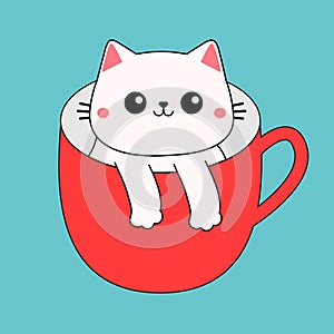 Cat in red coffee tea cup. Happy Valentines Day. White kitten. Paws hand. Contour line doodle. Cute cartoon funny baby animal pet