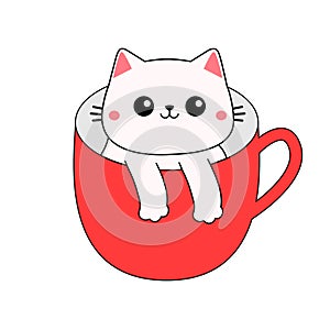 Cat in red coffee tea cup. White kitten. Paws hand. Happy Valentines Day. Contour line doodle. Cute cartoon funny baby animal pet