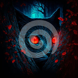 A cat with red eyes in a dark forest