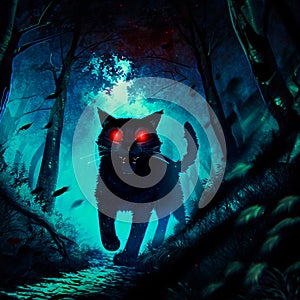 A cat with red eyes in a dark forest