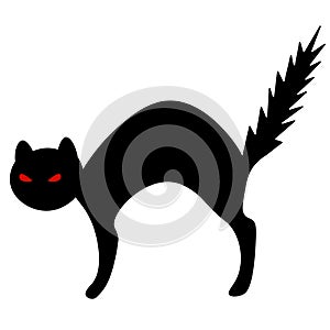 Cat. Red eyes. The frightened animal bristled. Silhouette. Vector illustration. Outline on an isolated background. Flat style.