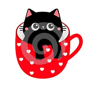 Cat in red heart tea coffee cup. Paws hand. Happy Valentines Day. Black kitten. Cute cartoon funny baby animal pet character. Love