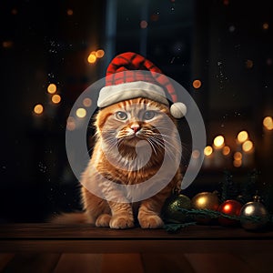 cat in a red Santa Claus hat against the background of Christmas lights