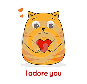 Cat red striped holds heart and text I adore you