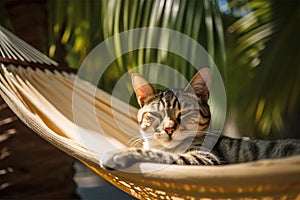 Cat relaxing in hammock at beach in summer.