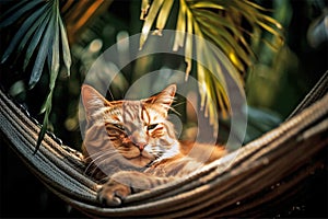Cat relaxing in hammock at beach in summer. ion