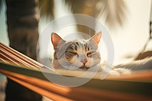 Cat relaxing in hammock between palm trees in summer.