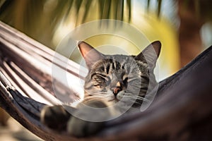 Cat relaxing in hammock between palm trees in summer.