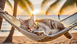 Cat Relaxing in Hammock at Sunset