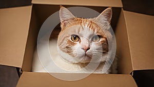 Cat resting in cardboard box in a home environment during the day for comfort and security. The cat is attracted to