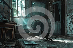 A cat rests on the floor of a deteriorating building, A spectral cat prowling in an eerie, haunted house, AI Generated