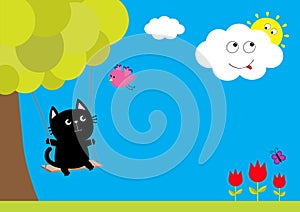 Cat ride on the swing. Tulip flower set with leaf and flying butterfly insect. Tree plant, flying bird, smiling cloud sun. Floral