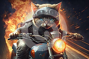 Cat rider on motorcycle, super hero biker riding on fire background, generative AI