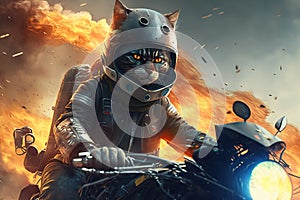 Cat rider on motorcycle, super hero biker riding on fire background, generative AI