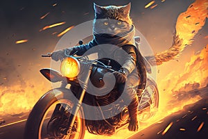 Cat rider on motorcycle, super hero biker riding with fire trail, generative AI