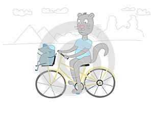 Cat rides a bike cartoon vector comic illustration. The cat is carrying a mouse on a bicycle. Summer fun of friends in