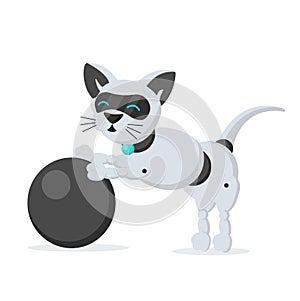 Cat-robot bends on its front paws, silver color on a white background. Technological robot that measures the habits of animal