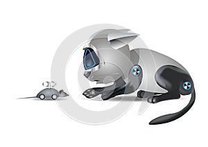 Cat robot and mouse, funny toy, on white background, illustration