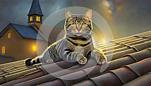 Cat on Roof with Church Background