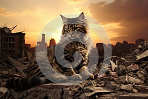 Cat on the ruined city background on the sunset