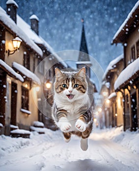 cat running in the snow on the streets of the old city at dusk lights are on