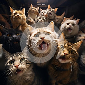 cat's all together in an awkward pose with their mouths wide open