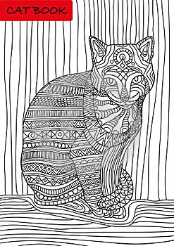 Cat's book. Colorized patterns cat sits and looks seriously