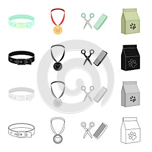 A cat`s collar, a medal, a pair of scissors and a comb for a haircut, a package with food. Cat set collection icons in