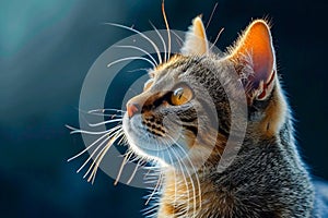 Cat's face is illuminated by sunlight which highlights its whiskers and eyes. Generative AI