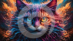 painting of a dark fantasy cat, cat\'s face is intricately designed deep blue and orange eye photo